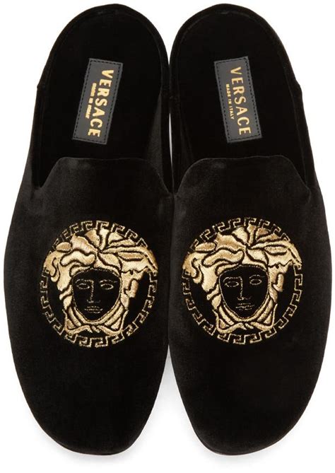 versace velvet slip-on sneaker with gold medusa head red|Versace black label slippers.